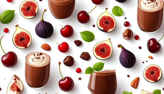 Fresh figs cherries and chocolate smoothies flat lay.