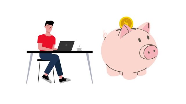 Animated a male work on laptop online with piggybank, piggy bank  cartoon vector. Business icon sign. Result and target illustration idea, achievement office goal symbol. Isolated white background