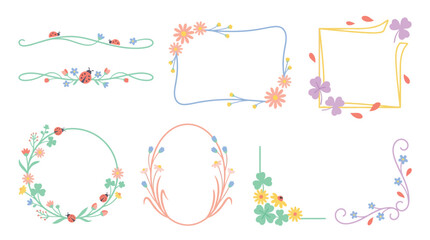 Collection of cute hand-drawn floral frames and dividers with ladybugs and clover elements. © Pink