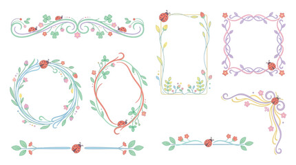 Collection of decorative floral frames and borders with ladybugs and clover elements, perfect for spring and summer designs. © Pink