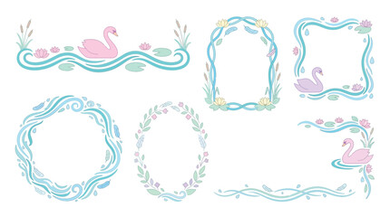 Set of decorative frames and borders with swans and water lilies, in a soft pastel color palette. © Pink