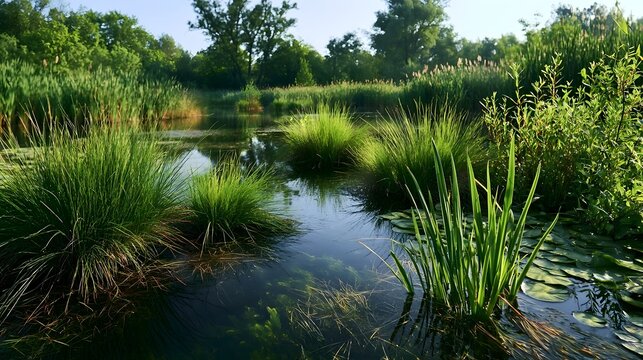 A tranquil marshland scene featuring lush green reeds and cattails growing along calm shallow water channels under bright sunlight