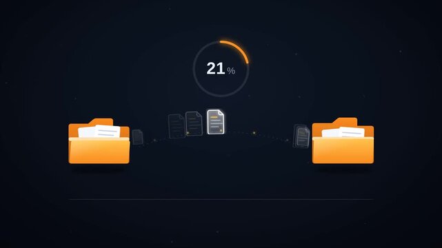 Digital file transfer progress percentage counter with moving document folders