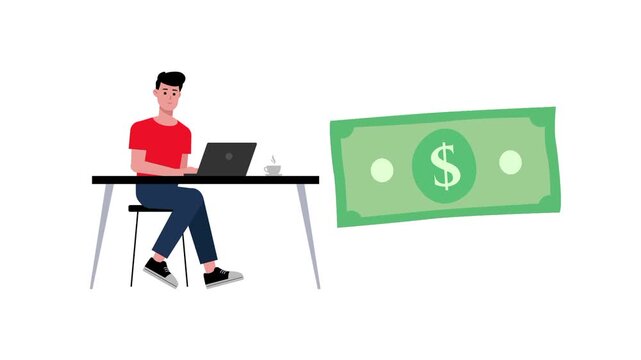 Animated a male work on laptop online and big money cartoon vector. Business icon sign. Result and target illustration idea, achievement office goal symbol. Isolated Clear white background template.