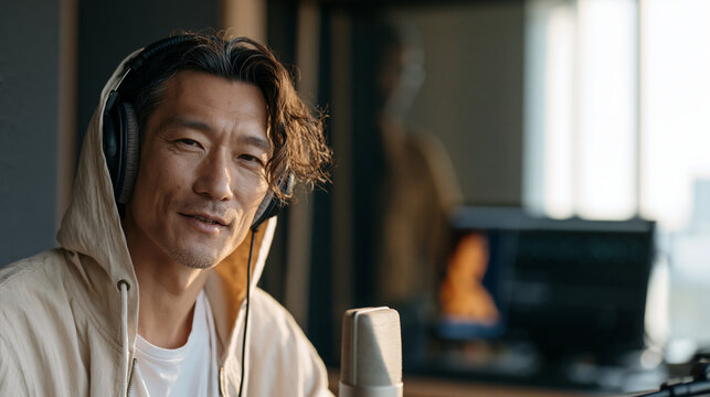 A dubbing actor sits close to a directional microphone in a soundproofed studio booth, eyes fixed on a wall monitor replaying an animated scene, his lips moving in precise sync