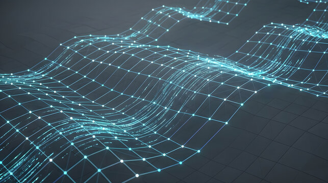 Abstract connected dots and lines. Concept of AI technology, Motion of digital data flow. Communication and technology network concept with moving lines and dots. 3D renderin