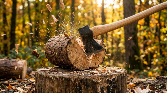 Axe splitting log on chopping block, wood chips flying in autumn forest, manual labor and natural energy