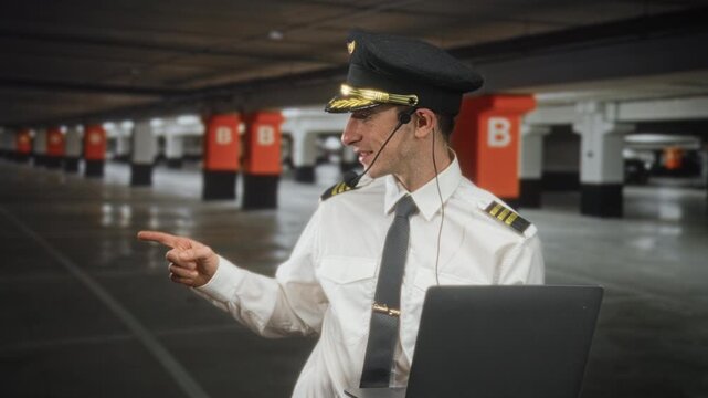 Man pilot points finger at laptop while wearing headset in parking garage building; confidence duty.