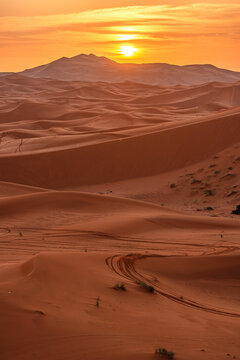 Vast dunes of Sahara Desert illuminated by the morning sun near Merzouga, Morocco