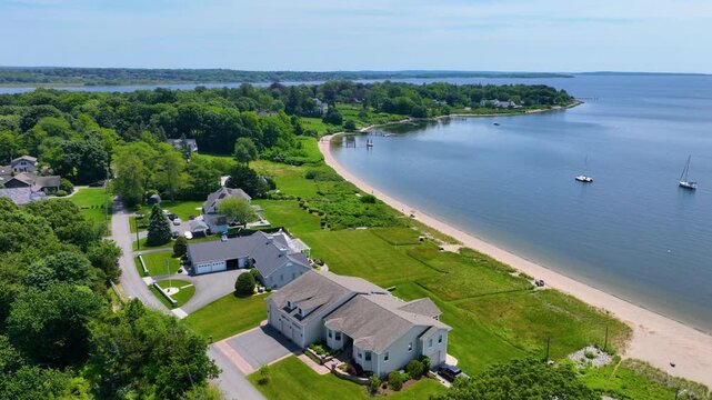 Barrington Beach aerial view at the Providence River mouth to Narragansett Bay, in town of Barrington, Rhode Island RI, USA. 