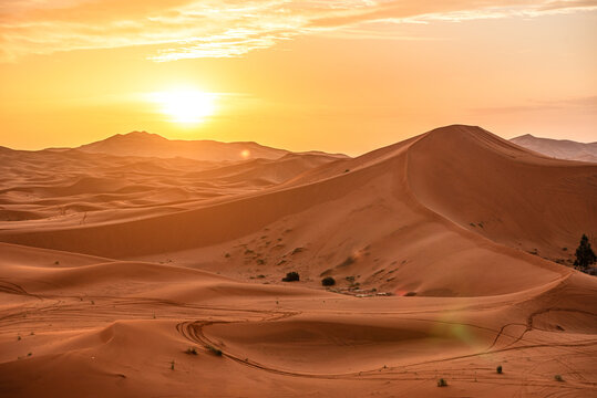 Golden sunrise above rolling sand dunes in Sahara Desert near Merzouga, Morocco