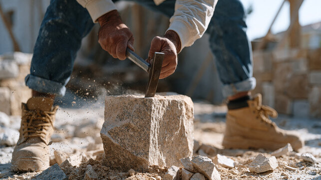A stonemason chips at a granite block with a metal chisel in an open yard, stone dust settling around his boots, a partially assembled garden wall visible nearby, the rhythmic