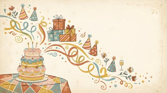 Vintage birthday scene illustration