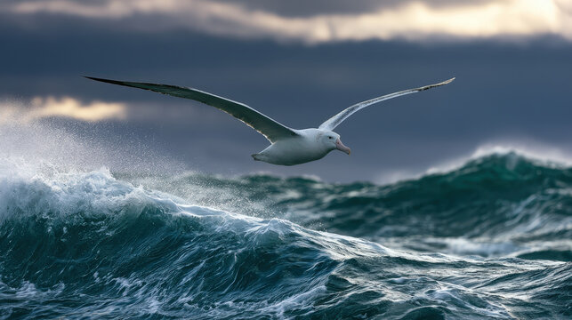 Wandering albatross gliding just above ocean waves with dynamic motion and sea spray under a dramatic cloudy sky