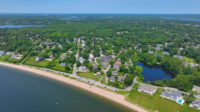 Barrington Beach aerial view at the Providence River mouth to Narragansett Bay, in town of Barrington, Rhode Island RI, USA. 