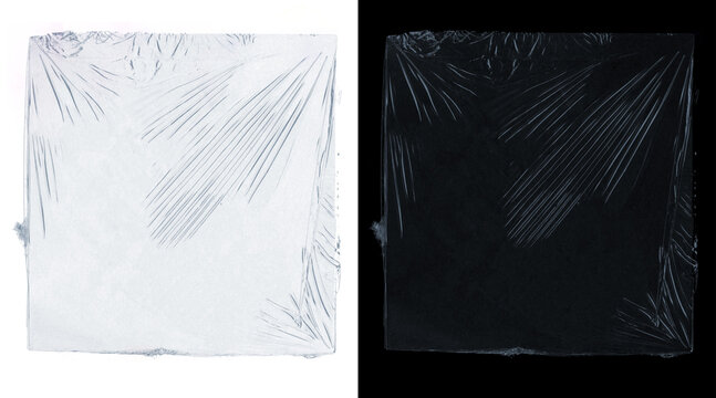 Transparent plastic wrap texture set, wrinkled cellophane overlay on white and black backgrounds, glossy polyethylene film for packaging design