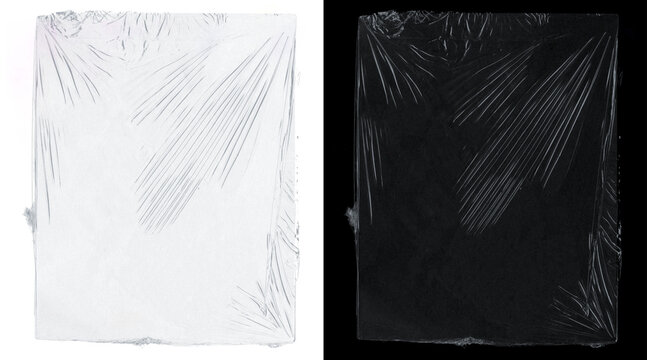 Crumpled plastic wrap texture on white and black background, transparent cellophane film overlay, wrinkled polyethylene packaging material for mockups