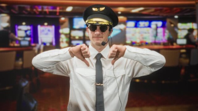Man pilot in uniform with headset microphone giving thumbs down gesture inside a casino building; disapproval.
