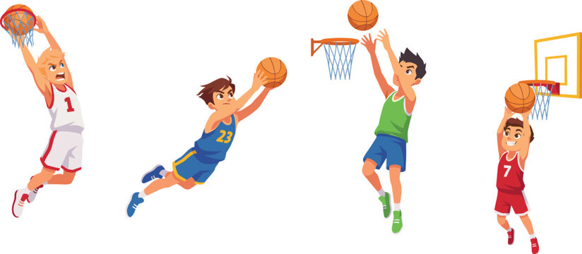 Basketball players cartoon character vector set with young boys slamming dunking shooting and jumping to score points isolated on white background