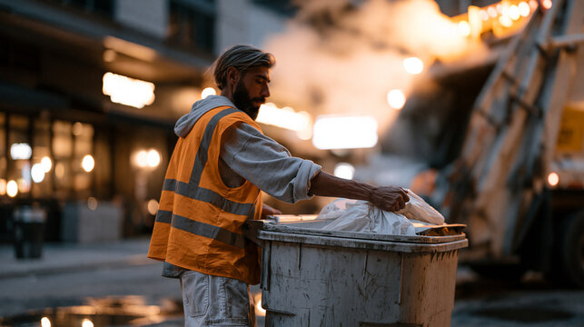 Sanitation worker in high-visibility vest lifts commercial bin into truck compactor at predawn urban loading dock, steam rising from restaurant ventilation above, puddles on