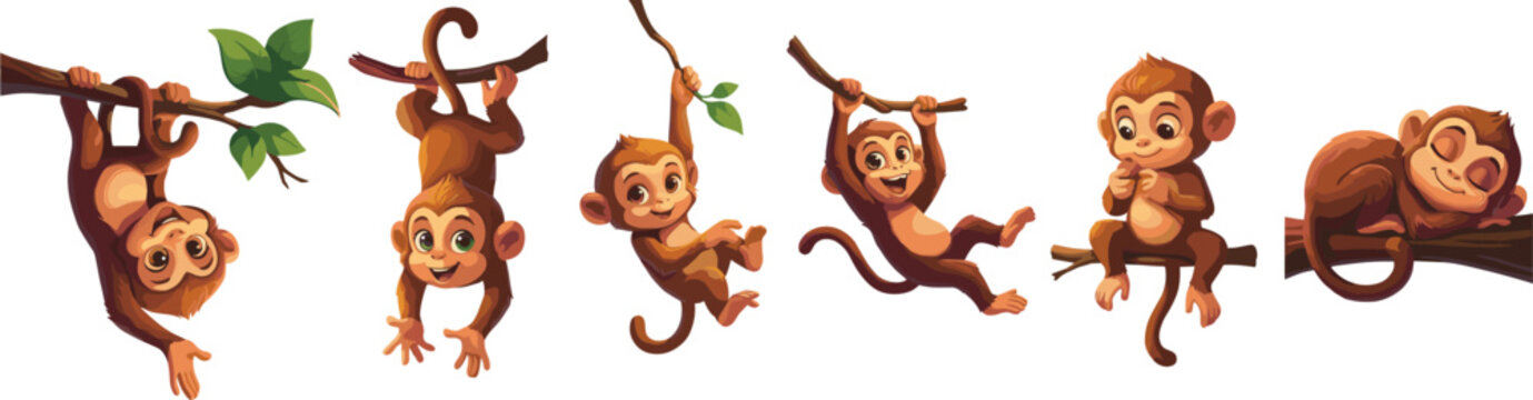 Cute baby monkey cartoon character vector set showing happy poses hanging upside down swinging on vines and sleeping for safari nursery graphic designs.