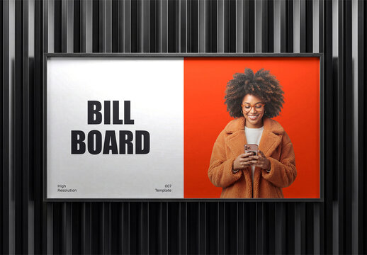 Horizontal Wall Billboard Mockup with Black Metallic Slats
