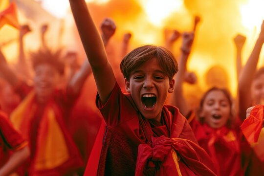 Young football culture, Spanish supporters celebrating, future generation of football fans
