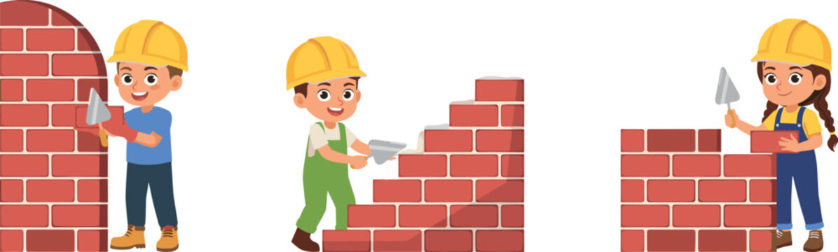 Cute builder kids cartoon character vector set with children wearing helmets building red brick walls with trowels isolated on white background
