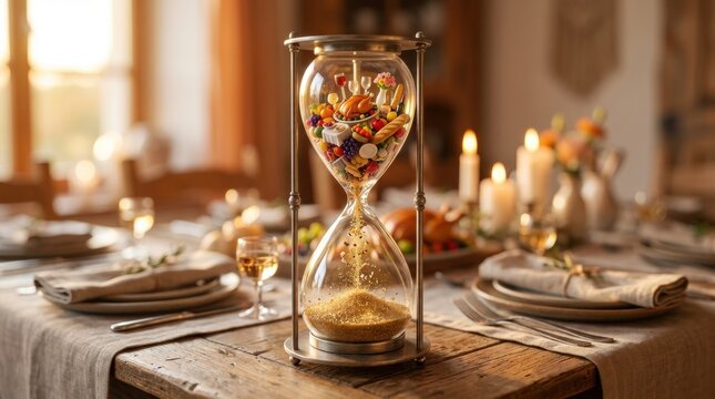 Hourglass filled with miniature feast food on a festive dining table