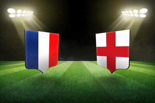 France vs England Football Final Match Concept with National Flags and Soccer Ball in Stadium at Night