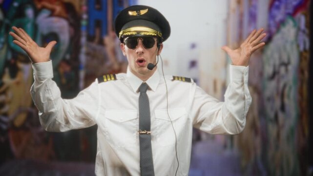 Young man pilot in uniform with headset microphone and sunglasses raises both hands in a graffiti alley street, open palmed expressive gesture; surprise performance.