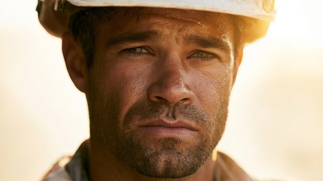 Close-up portrait of a hardworking man wearing a white hard hat, his face covered in sweat under warm sunlight, showing determination and effort.