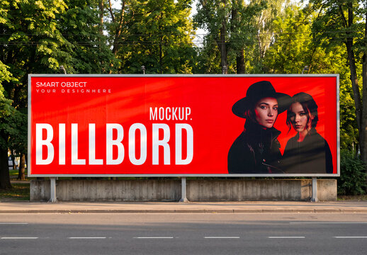 Roadside Billboard Mockup with Green Trees