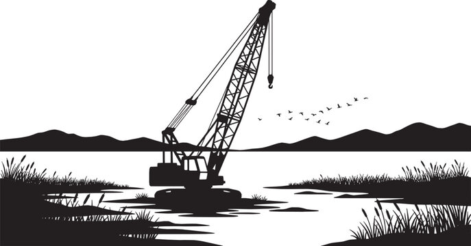 Black silhouette of a crane on a body of water with hills