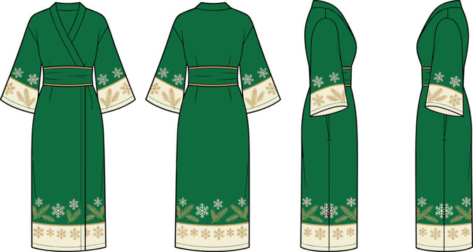 Fashion tech pack vector template of a women winter kimono dress from four viewpoints