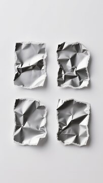 Crumpled Silver Foil Pieces Mockup Set on White Background