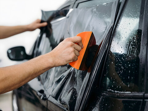 Professional Car Window Tinting with Orange Squeegee Tool | Close Up of Auto Detailer Smoothing Tint Film on Window | Applying Dark Protective Tinted Film to Black Vehicle Glass 