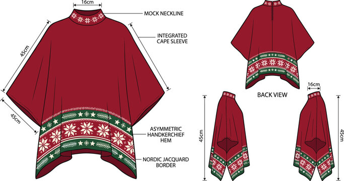 Fashion technical flat sketch of a women winter poncho cape with mock neckline and geometric borders