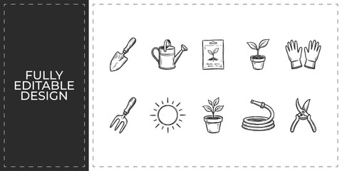 Gardening tools and professional landscaping hand drawn doodle icons set featuring shovel trowel and rake for horticulture and home maintenance service branding design © Ashik  Khan