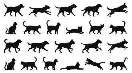 Obraz premium Set of black silhouettes showing various active domestic cats and dogs in different natural poses