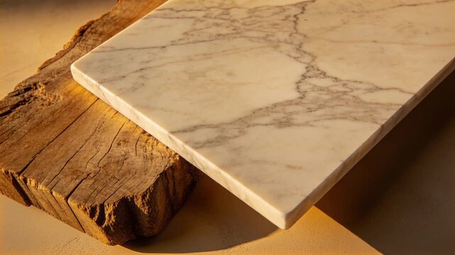 Camera tightening frame on veined marble slab above plank on beige tabletop, warm light for display