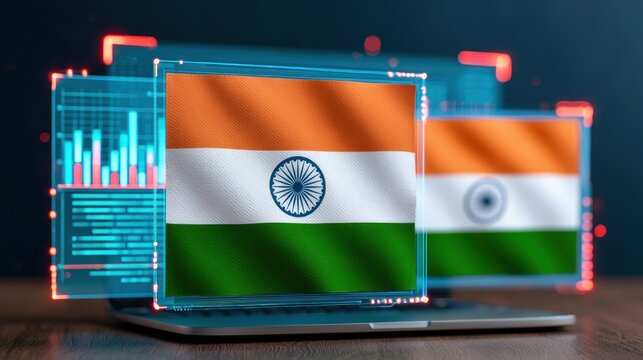 Indian flags with financial data charts