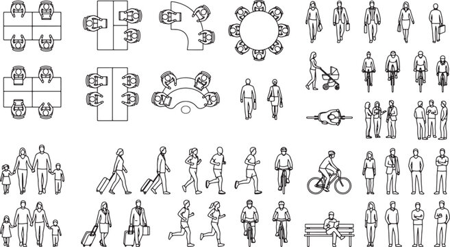 Architectural vector set of people silhouettes and office furniture layouts for floor plan design and drafting