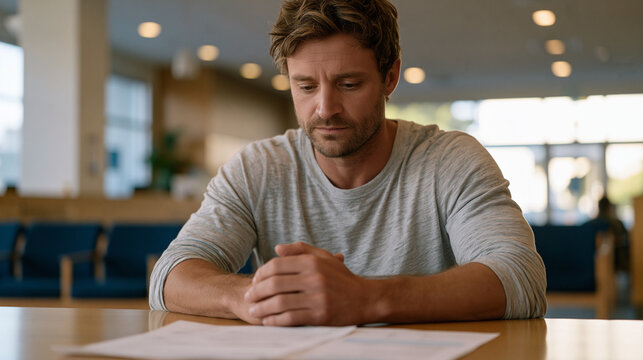 mortgage applicant sitting alone at a bank branch desk staring at a printed rate sheet, hands clasped tightly, sparse waiting area visible behind, financial stress, interest rate