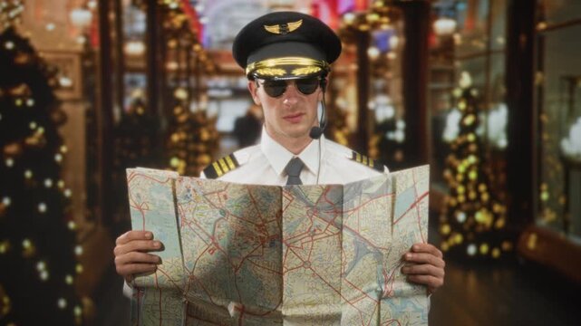 Man pilot holding a city map and headset microphone while wearing sunglasses and uniform in a decorated building; curiosity navigation.