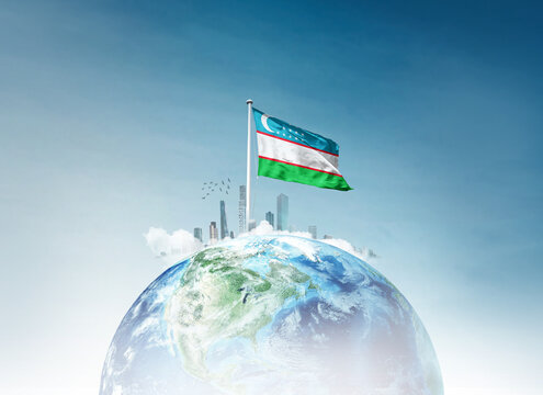Uzbekistan flag waving on globe with skyline. A concept showing prosper. Flag proudly waving on globe.  Uzbekistan national flag for independence day.