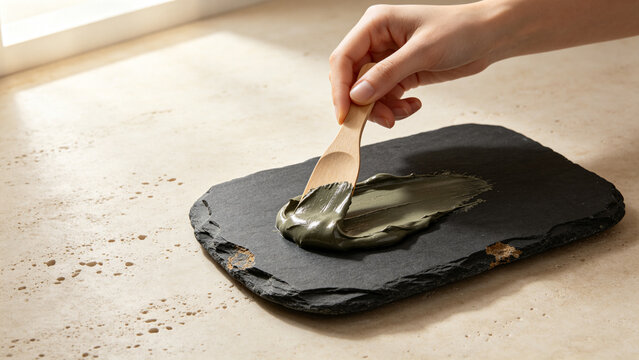 Hands spreading organic face clay mask with wooden spatula