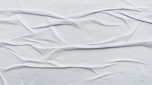 White abstract paper poster background with crumpled texture. Blank white paper surface featuring soft natural folds. Detailed creased and wrinkled poster paper texture.