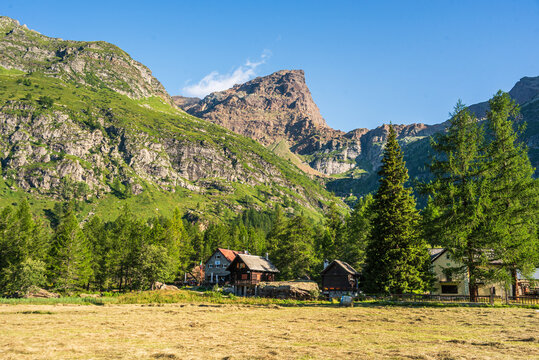 Open meadow landscape with alpine huts and rugged mountains in Alpe Devero, Italy