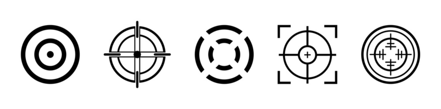 Target icon set. Aim sniper vector. Target and crosshair icon set. Vector reticle symbols for aiming and shooting. Minimalist bullseye and Weapon focus illustration. Game UI target. Crosshair target. 